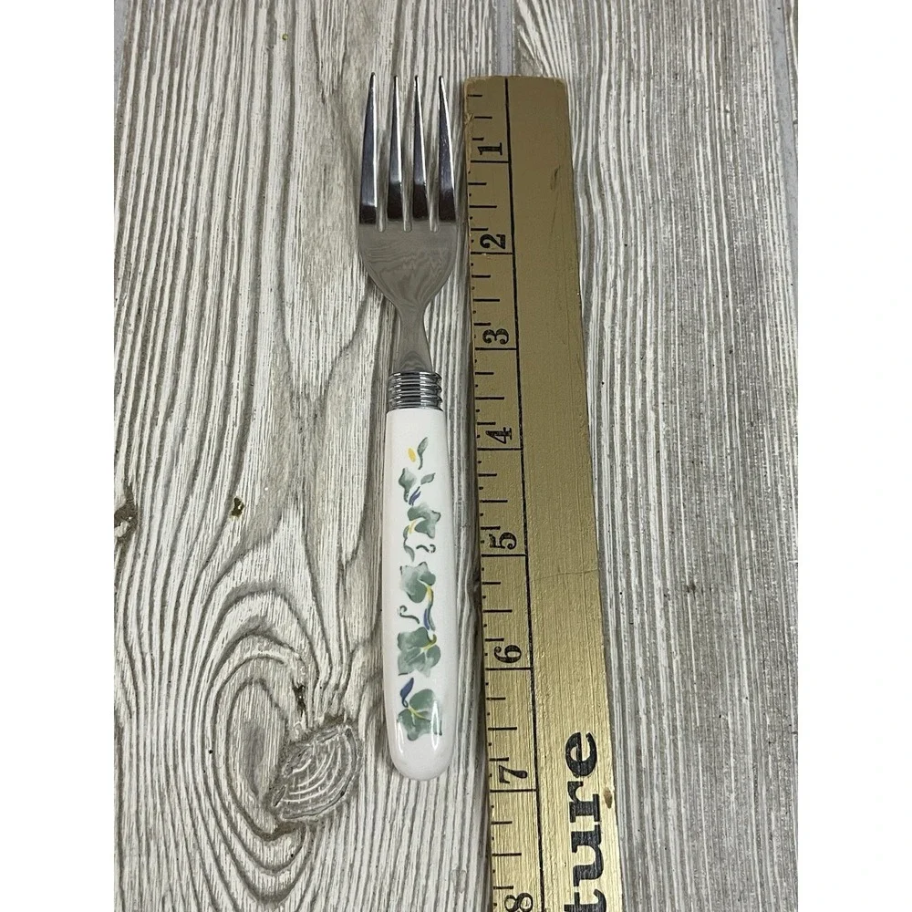 Vintage Ivy Leaf Pattern Stainless Steel Salad Fork Set White Ceramic Handle 2pc